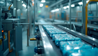 Fototapeta premium Close-up of an automatic conveyor belt showcasing a product in motion, highlighting the precision and efficiency of modern manufacturing processes.