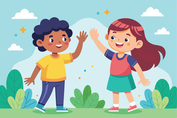 Two children happily give each other high fives while enjoying a sunny day outside, Children give each other high fives with customizable and exaggerated illustrations.