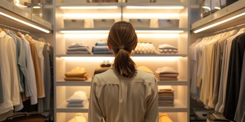 Young woman choosing outfits in a stylishly organized indoor wardrobe seen from the back.