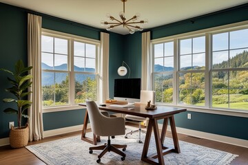 Fototapeta premium Serene Modern Home Office Sanctuary with Cozy Design in Picturesque Setting