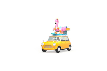 A yellow vintage car. On the roof there is a suitcase, a ball, a circle and a flamingo for swimming and  surfboard. 3d on the topic of travel, recreation, tickets, the sea. Transparent background.