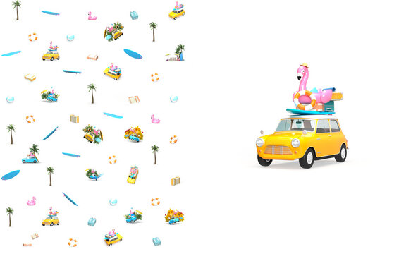 Pattern on the theme of the sea, beach, rest and travel. Pattern vintage car, suitcases, flamingo bathing circle, surfboard, ball. Transparent background.
