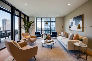 Fototapeta premium Contemporary Urban Living Space Featuring Soft Modern Decor Designs