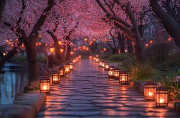 Magical Park with a Path Lined by Glowing Lanterns: Enchanted Evening Walk