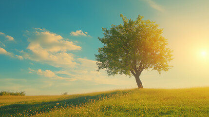Lone tree in open field during sunset