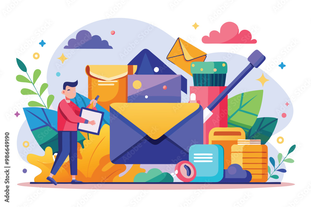 Poster a person reviews strategies for organizing a cluttered inbox with various colorful envelopes and too