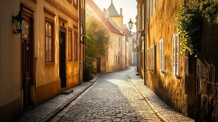 Obraz premium A historical adventure tour through a historic city, with a guide leading the way through narrow cobblestone streets and sharing tales of the past.