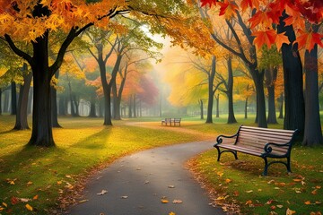 Naklejka premium Charming Autumn Park Illustration with Enchanted Foliage and Tranquil Nature Scene