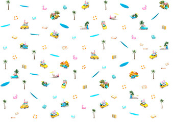 Pattern on the theme of the sea, beach, rest and travel. Pattern vintage car, suitcases, flamingo bathing circle, surfboard, ball. Transparent background.