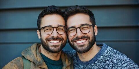 Two men with glasses are smiling at the camera. They are wearing matching glasses and are both wearing a sweater