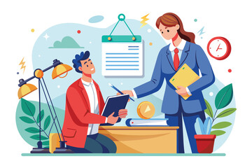 Fototapeta premium A client is signing an attorney's contract for a flat fee in an office filled with plants and papers, Client signs contract for attorney's flat fee illustration.