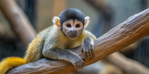 Fototapeta premium A baby monkey is sitting on a branch. The monkey is looking at the camera