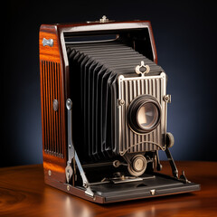 Vintage Wooden Large Format Camera with Bellows on Wooden Table