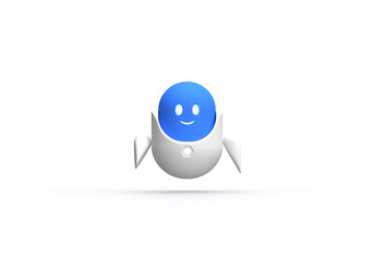 The white, blue robot is a digital assistant. Glowing eyes, mouth, heart. 3d rendering on the topic of technology, Internet, web, assistant, app, ai, ml. Transparent background.