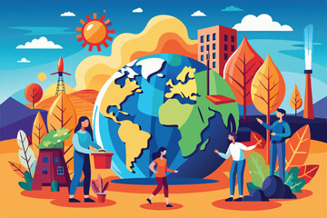 Diverse individuals engage in eco-friendly activities near a stylized globe, promoting climate action and awareness, Female chef illustration that can be customized.