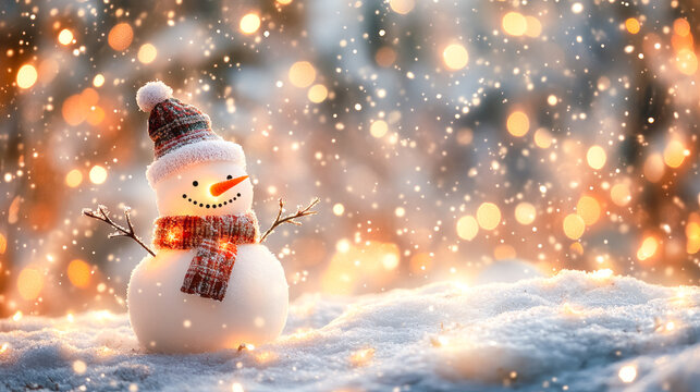 Cozy winter scene with a snowman and Christmas decorations, New Year’s fireworks in the sky, with copy space for text