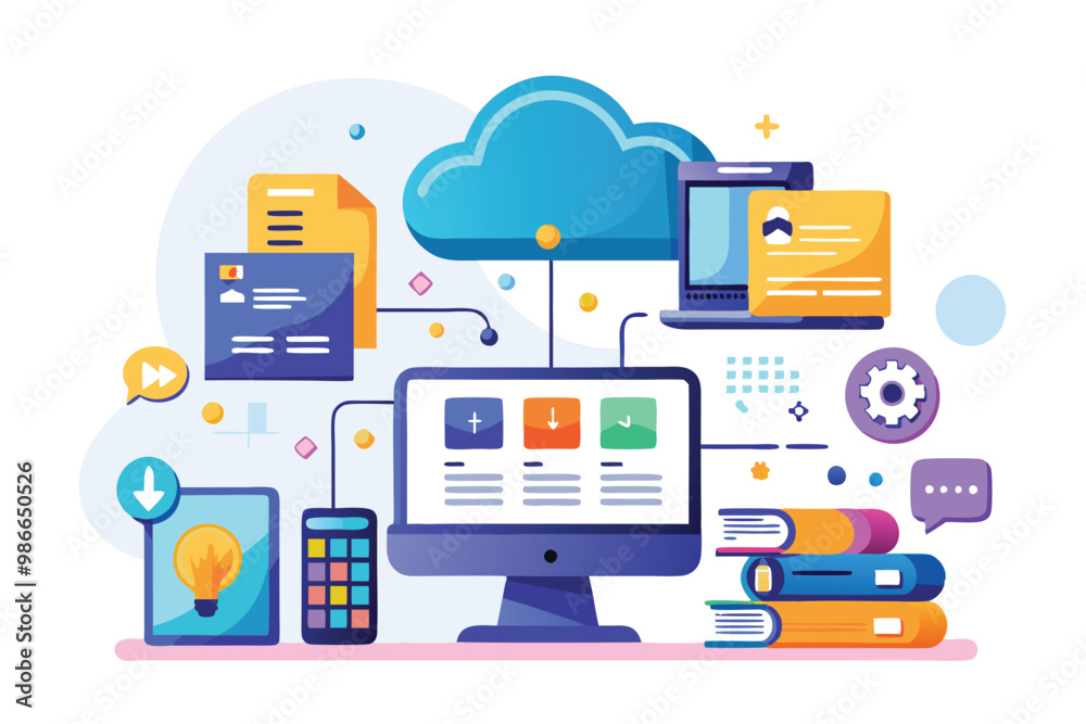 Poster visual representation of cloud hosting, showcasing file management and online service tools, cloud-b