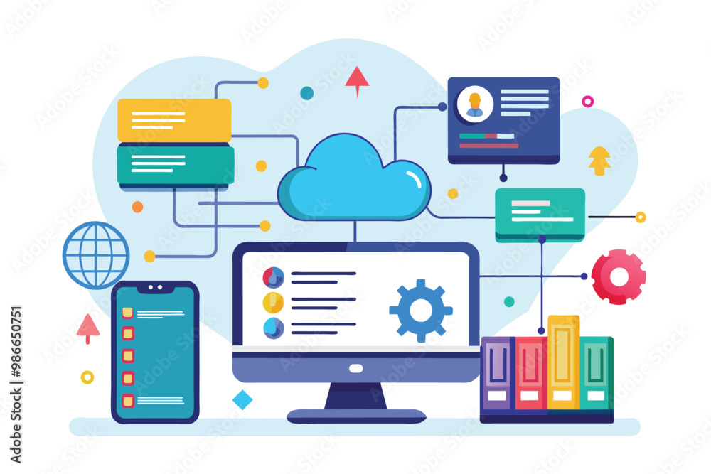Poster the illustration portrays cloud data management with devices displaying charts and various informati