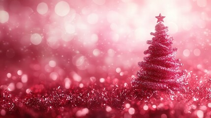 A red Christmas tree is surrounded by pink glitter