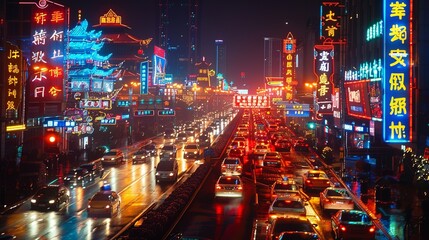A busy city street with many cars and neon signs