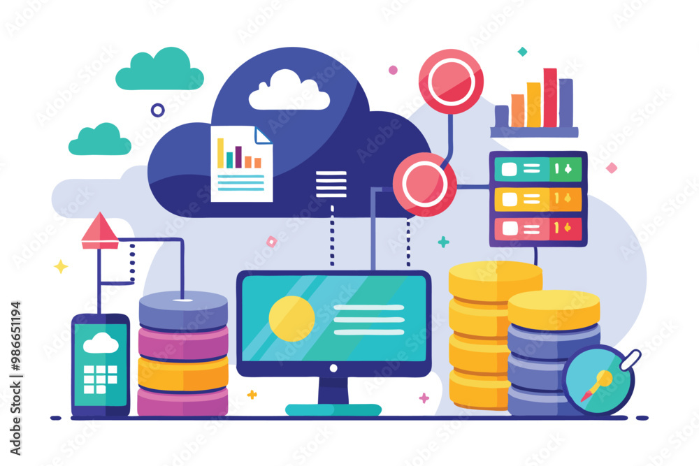 Poster illustration showing cloud database storage analysis with devices and data visualizations in flat de