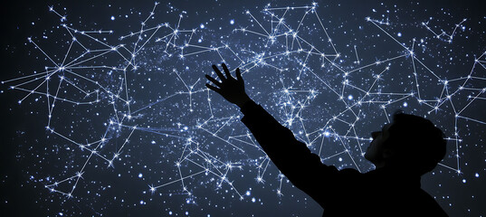 Immersive AR art installation projecting digital constellations onto gallery walls where visitors can manipulate stars with gestures creating a cosmic experience