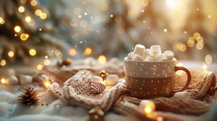 Cozy Hot Chocolate with Marshmallows and Festive Lights