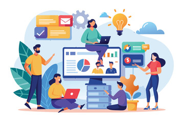 Diverse group of individuals actively collaborating on a digital project using laptops and visual aids, Collaboration and teamwork illustrated in a flat design.