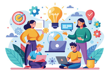 Group members engage in a collaborative online business project, sharing ideas and using technology, Collaborative creativity, Online business project, Simple illustration