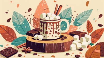 Cup of Hot Chocolate with Marshmallows and Cinnamon Sticks
