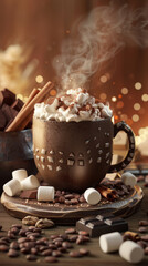 Hot Cocoa with Marshmallows and Cinnamon Sticks