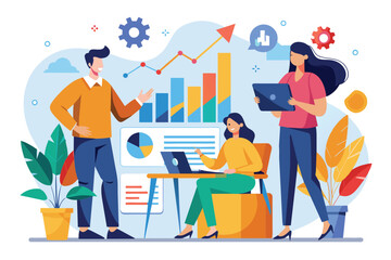 Team members examine growth data and discuss lack of progress in a modern office environment, Colleagues study growth data, no progress shown.