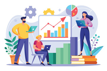 Obraz premium Three colleagues engage in studying growth charts while collaborating in an office environment, Colleagues studying growth charts, flat drawing.