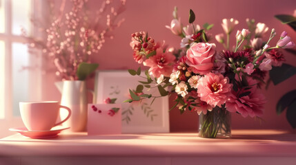 Fototapeta premium Romantic Flower Bouquet with Coffee in Soft Light