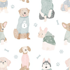Watercolor sitting dogs wearing winter sweaters seamless pattern illustration on white background