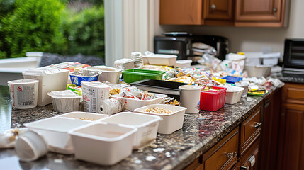 a kitchen countertop covered in takeout containers and expired food