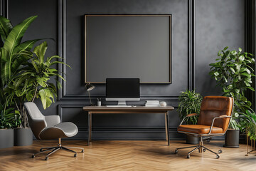 A modern CEO office corner designed with elegance, showcasing stylish furniture and lush greenery for a productive work environment