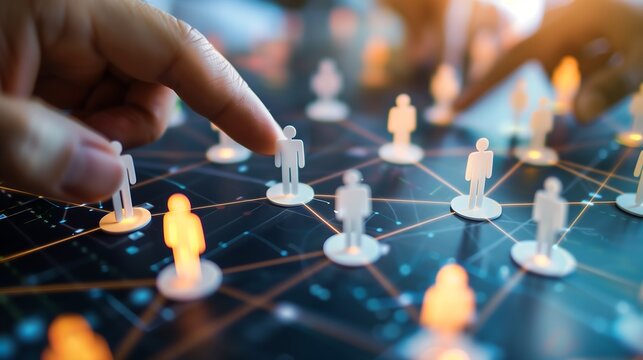 HR Network and Talent Selection Concept with Connected People Icons. Generative AI 　人材ネットワーク上で候補者を選定するHR・採用コンセプト。