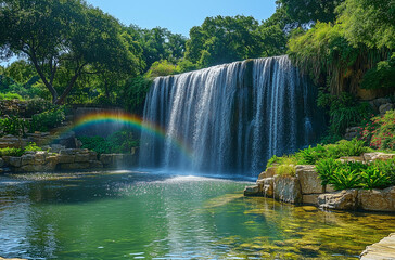 Obraz premium Picturesque Park Beauty: Cascading Waterfall Surrounded by Lush Greenery