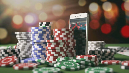 Obraz premium Explore the excitement of online gambling with colorful chips and a smartphone at a virtual casino setting