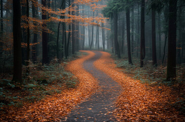 Naklejka premium Deserted Woodland Trail Blanketed in Brown Leaves: A Secluded Walk