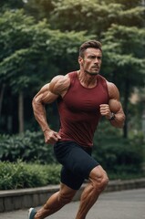 A superlean man running energetically through a lush park surrounded by trees during the early morning hours.