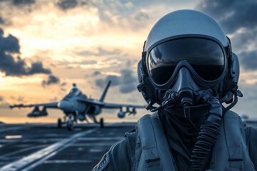 A determined navy pilot prepares for takeoff on a carrier's flight deck under a stunning sunset sky