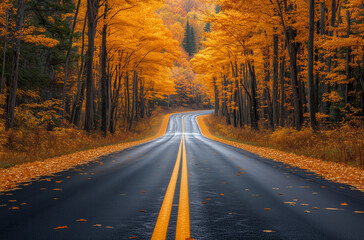 Fototapeta premium Deserted Highway Lined with Tall Maples, Ground Covered in Autumn Hues