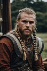 Obraz premium An attractive Viking man with braided hair dressed in traditional armor in a serene outdoor landscape during daylight.
