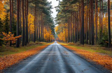 Fototapeta premium Deserted Coastal Road Lined with Tall Pines, Ground Covered in Leaves
