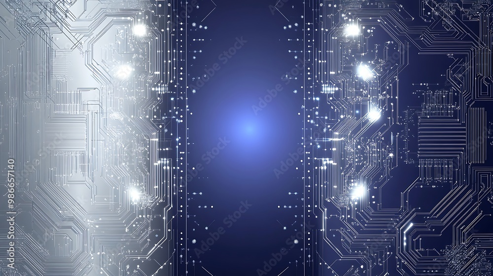 Poster abstract blue and silver background with circuit board design and a bright light in the center.