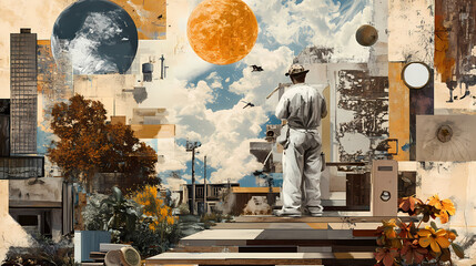 The collage should feature a craftsman as the center piece. digital graphic elements. Digital Collage. Illustration