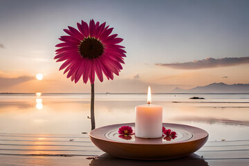Bouquet of white flowers in a vase, candles on vintage copper tray, wedding home decor on a table . High quality photo Generative AI