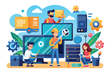 A diverse team of technicians works together to repair and support computers using various tools and devices, Computer repair technical support, illustrated.